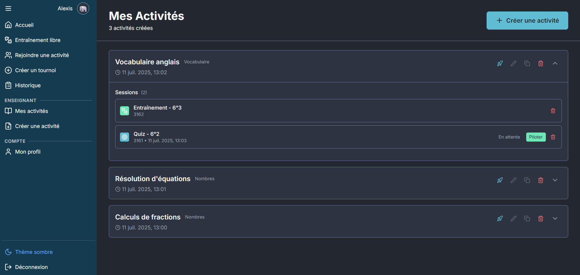 Interface de sélection de quiz - thème sombre