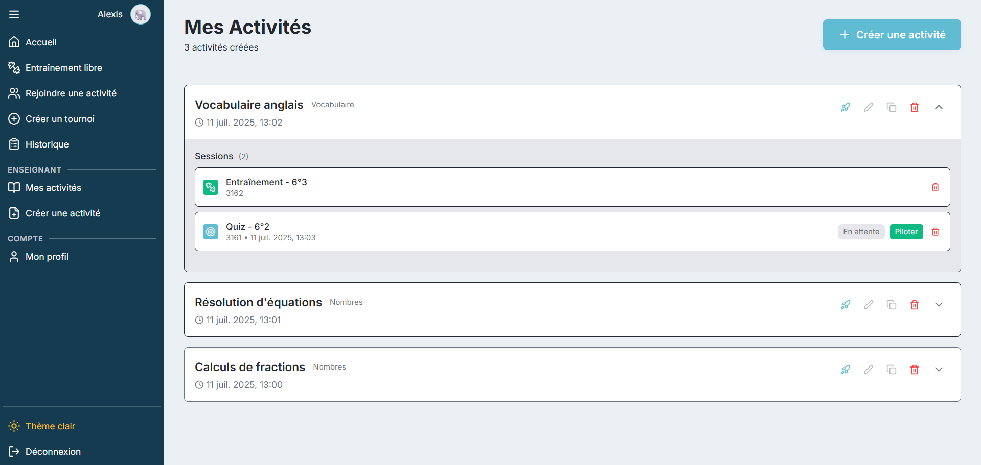 Interface de sélection de quiz - thème clair