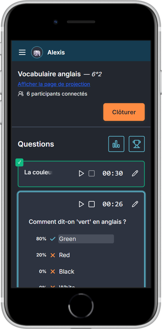 Dashboard enseignant mobile - thème sombre