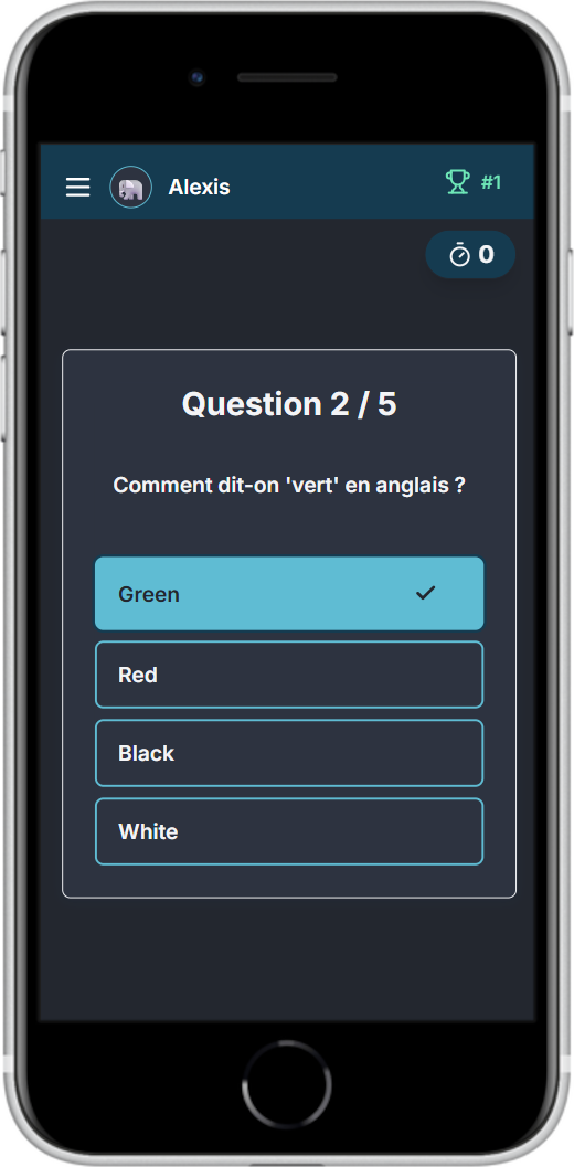 Interface mobile MathQuest - thème sombre